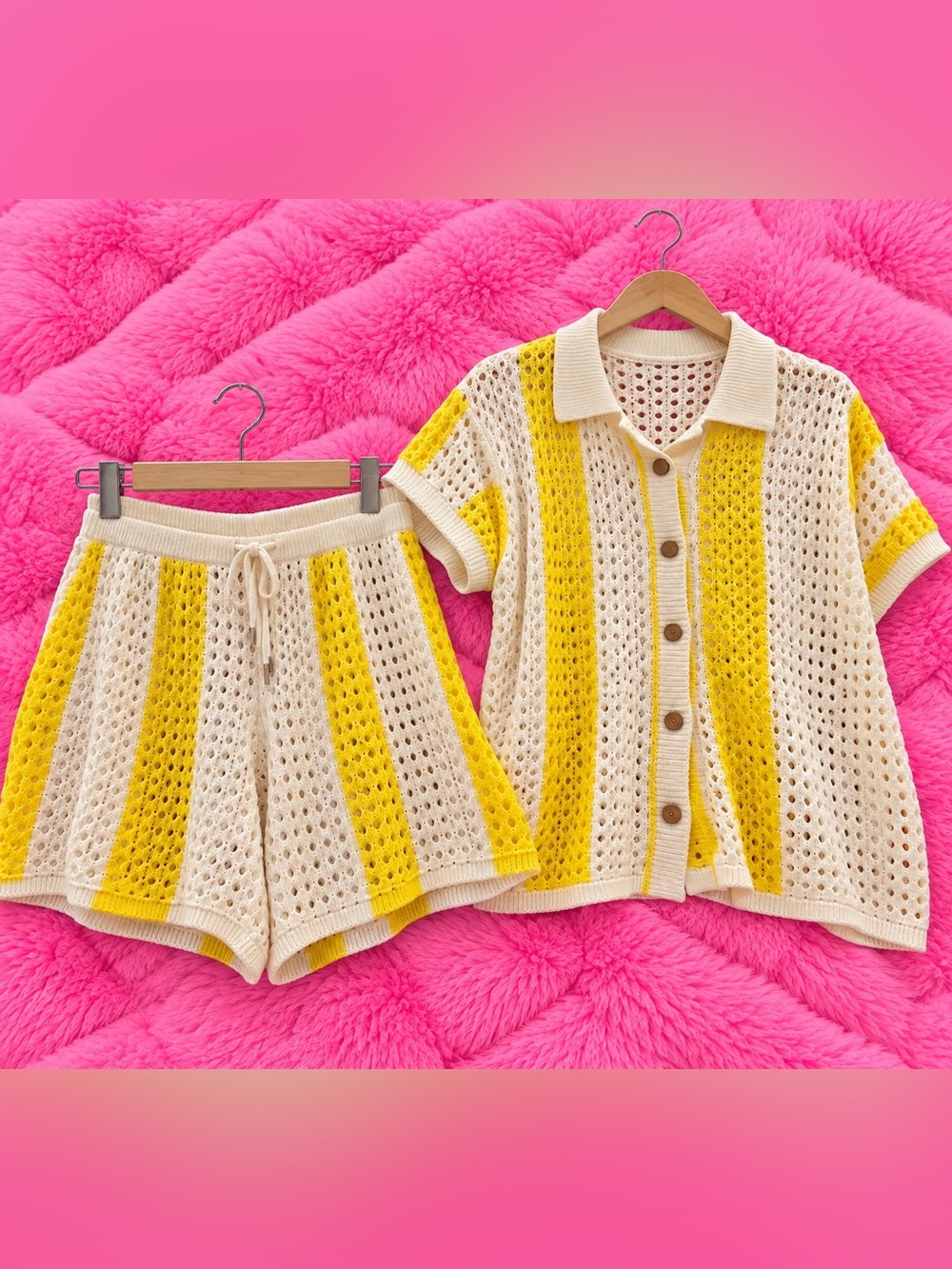 Fashion Nova Cream & Yellow Open-Knit Stripe Shorts Set